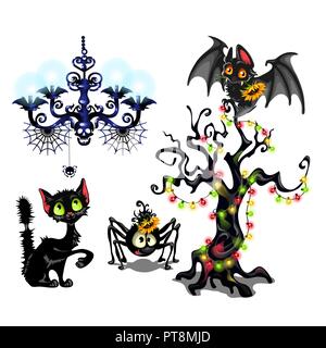 Satz von Elementen auf das Poster zum Thema Halloween Party erstellen. Niedliche Fledermaus, Baum mit Girlanden, schwarze Katze, Spinne, Attribute der Feierlichkeiten zum Tag der alle bösen Geister von Halloween. Cartoon Vektor Stock Vektor