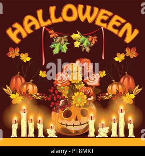 Poster auf der Halloween Party oder Grußkarte auf Thema Der goldene Herbst. Gefallenen Herbst Baum Blätter. Kerzen und Kürbis Form von Jack-o-Lantern. Cartoon Vektor close-up Abbildung. Stock Vektor