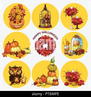 Satz von Reife Kürbisse, Kranz von getrockneten Blumen, Eule, Kerzenhalter. Attribut der Urlaub von Halloween. Skizze für Urlaub Aufkleber, Karten oder Party Einladung. Cartoon Vektor close-up Abbildung. Stock Vektor