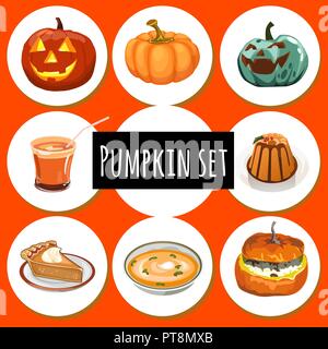 Satz von Reife Kürbisse, Essen und Jack-o-Lantern. Attribut der Urlaub von Halloween, gesunde Ernährung und das Erntedankfest. Skizze für Urlaub Aufkleber, Karten oder Party Einladung. Cartoon Vektor close-up. Stock Vektor