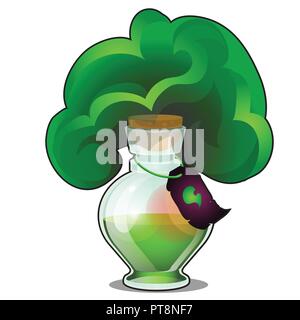 Chemische Reaktion in Glaskolben mit Tag auf weißem Hintergrund. Labor Experiment mit Freigabe der Green Gas. Verdampfung von Magic Elixier oder Trank. Vektor cartoon Close-up Abbildung. Stock Vektor