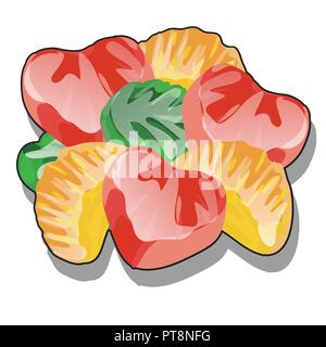 Bündel geformt Marmelade mit einer glänzenden Oberfläche, farbigen, transparenten Grütze auf weißem Hintergrund. Leckere und gesunde Süßigkeiten wird aus dem Saft. Vektor cartoon Close-up Abbildung. Stock Vektor