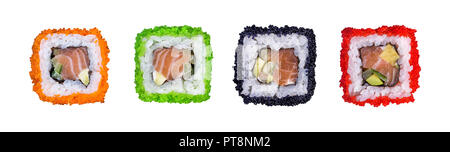 Sammlung von California Rolls mit bunten Tobiko Kaviar mossago und isoliert auf weißem Hintergrund Stockfoto