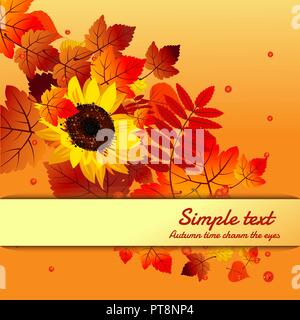 Niedlich Poster Grußkarten mit Text und modernes Design auf Thema Der goldene Herbst. Kunstvolle Kulisse der gefallenen Herbst Blätter von Ahorn, Rowan und Blume Sonnenblume. Vektor cartoon Close-up Abbildung: Stock Vektor