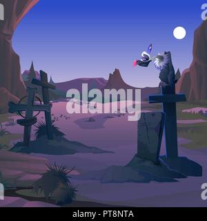 Ein Geier sitzt auf einem Grab auf dem alten Friedhof in der Dämmerung durch das Licht des vollen Mondes. Poster auf der Halloween Party. Vektor cartoon Close-up Abbildung. Stock Vektor