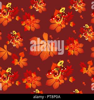 Lustige Textur Blätter im Herbst Kastanien, Blätter von Rowan und ungenießbare Pilze. Skizze für Karte, nahtlose Textur für Geschenkpapier auf Thema Der goldene Herbst. Cartoon Vektor close-up Abbildung. Stock Vektor