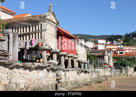 Horreos/Maisspeicher, traditionelle galizische Getreidespeicher im Fischerdorf Combarro. Galizien, Spanien Stockfoto