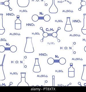 Wissenschaftliche Vektor nahtlose Muster mit Flaschen, Becher, Molekularstruktur und Formeln. Bildung Elemente. Chemie, Biologie, Medizin. Stock Vektor