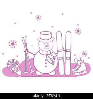 Winter im Freien genießen können. Schneemann mit Ski- und Hockey Ausrüstung. Vektor cartoon Skifahrer Symbol. Design für Werbung von aktiven Lebensstil. Stock Vektor