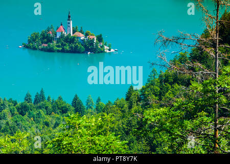 Insel mit einer Kirche in einem See Landschaft. Stockfoto