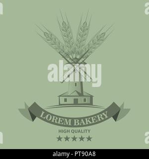 Bauernhof oder Bäckerei Logo oder Label mit Skizze Linienstil Mühle und Weizen. Vector Illustration Stock Vektor