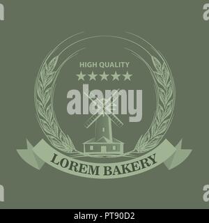 Bauernhof oder Bäckerei Logo oder Label mit Skizze Linienstil Mühle und Weizen. Vector Illustration Stock Vektor