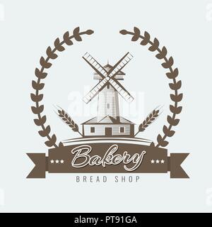 Bauernhof, ländlichen Landschaft Logo oder Label. Landwirtschaft, Agrar, Dorf, Mühle-Symbol. Vintage Vektor-illustration Stock Vektor