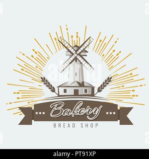 Bauernhof, ländlichen Landschaft Logo oder Label. Landwirtschaft, Agrar, Dorf, Mühle-Symbol. Vintage Vektor-illustration Stock Vektor