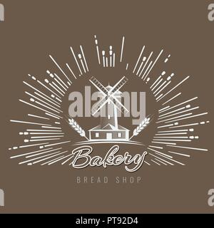 Bauernhof, ländlichen Landschaft Logo oder Label. Landwirtschaft, Agrar, Dorf, Mühle-Symbol. Vintage Vektor-illustration Stock Vektor