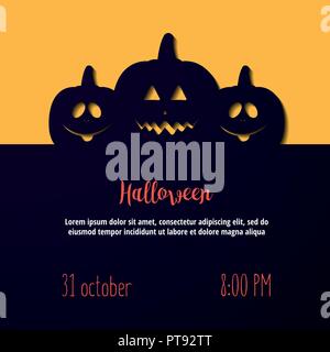 Halloween Kürbisse Vektor-illustration Drei lila Jack - die Köpfe der Kürbis auf gelbem Hintergrund mit Kopie Raum Papier Schablone Stock Vektor
