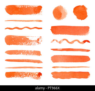 Rot Aquarell gemalt spritzt und Anschläge. Auf weissem Hintergrund Stockfoto