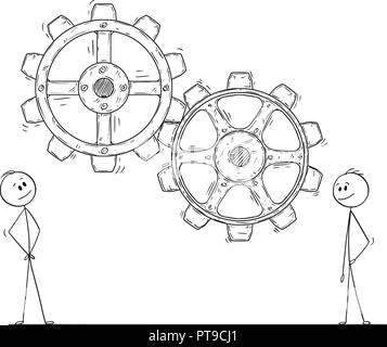 Cartoon von zwei Männern oder Geschäftsleute, die Zahnräder oder Zahnrädern Stock Vektor