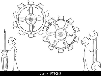 Cartoon von zwei Männern oder Geschäftsleute mit einem Schraubenschlüssel und einem Schraubenzieher beobachten, Zahnräder oder Zahnrädern Stock Vektor