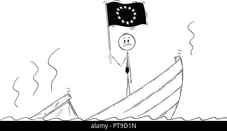 Cartoon von Politiker ständigen Deprimiert auf sinkendes Boot mit Europäischen Union oder EU-Flagge Stock Vektor