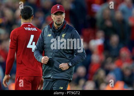 Liverpool. 8. Oktober, 2018. Liverpool Manager Jürgen Klopp reagiert, nachdem die englische Premier League Spiel zwischen Liverpool und Manchester City bei Anfield in Liverpool, Großbritannien am 7. Oktober, 2018. Das Spiel endete mit einem 0:0-Unentschieden. Quelle: Xinhua/Alamy leben Nachrichten Stockfoto