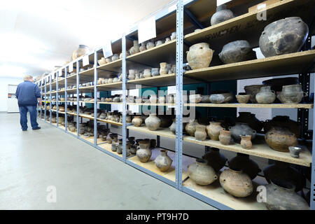 02 Oktober 2018, Sachsen-Anhalt, Halle: 02. Oktober 2018, Deutschland, Halle: Archäologe Roman Mischker Pässe Regale mit Schiffen aus der Jungsteinzeit im Zentrallager des Staatlichen Amtes für Denkmalpflege und Archäologie Sachsen-anhalt. Das Museum der Urgeschichte vom Staatlichen Amt feiert 100-jähriges Jubiläum. Foto: Sebastian Willnow/dpa-Zentralbild/dpa Stockfoto