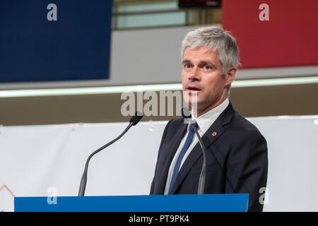 Lyon, 08. Oktober 2018, die 1. Regionale Assises von Lokalen gewählt. Rede von Laurent Wauquiez, Präsident der Republikaner und der Auvergne-Rh ône-Alpes region Stockfoto