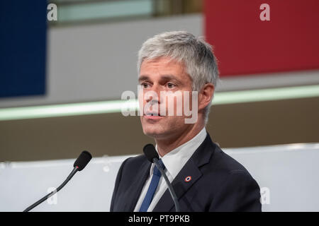 Lyon, 08. Oktober 2018, die 1. Regionale Assises von Lokalen gewählt. Rede von Laurent Wauquiez, Präsident der Republikaner und der Auvergne-Rh ône-Alpes region Stockfoto