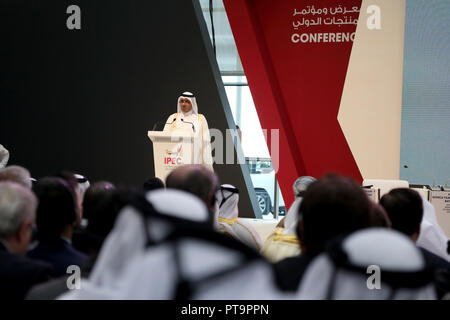 Doha/Katar - Oktober 8, 2018: Scheich Abdullah Bin Nasser bin Khalifa Al Thani, Ministerpräsident und Innenminister von Katar, Rede auf der IPEC-Konferenz in Doha. Quelle: Dominic Dudley/Alamy leben Nachrichten Stockfoto