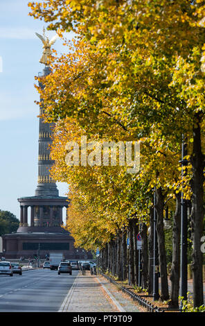 08. Oktober 2018, Berlin: Die Blätter im Herbst durch glänzen in der Sonne auf den Bäumen an der Straße des 17. Juni zwischen der Siegessäule und dem Brandenburger Tor. Foto: Bernd von Jutrczenka/dpa Stockfoto