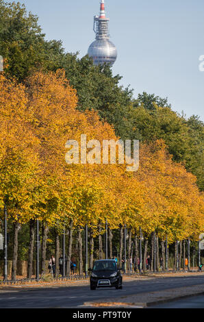 08. Oktober 2018, Berlin: Die Blätter im Herbst durch glänzen in der Sonne auf den Bäumen an der Straße des 17. Juni zwischen der Siegessäule und dem Brandenburger Tor. Foto: Bernd von Jutrczenka/dpa Stockfoto