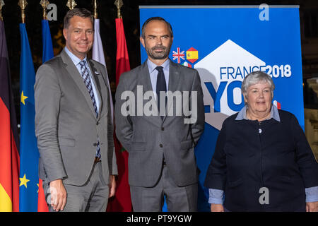 Lyon, Frankreich. 8. Okt 2018. Stephan Mayer deutscher Innenminister und Edouard Philippe französischer Premierminister und Minister des Innern und Jacqueline Gourault Minister der Minister des Innern unter Rhone Präfektur G6 Treffen in Lyon, Frankreich Quelle: FRANCK CHAPOLARD/Alamy leben Nachrichten Stockfoto