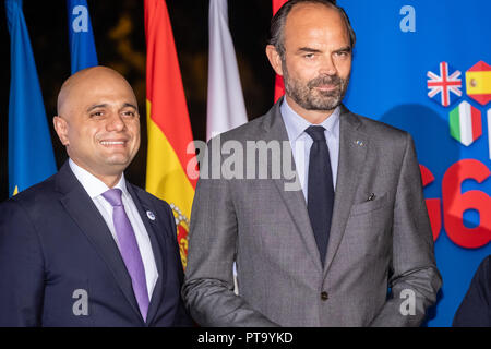 Lyon, Frankreich. 8. Okt 2018. Sagte Javid Innenminister Großbritanniens, Edouard, Philippe, französischer Premierminister und Minister des Innern unter Rhone Präfektur G6 Treffen in Lyon, Frankreich Quelle: FRANCK CHAPOLARD/Alamy leben Nachrichten Stockfoto