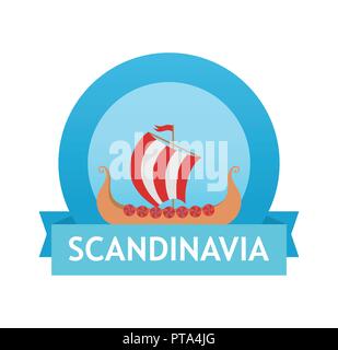 Logo mit skandinavischen Schiff Drakkar in blauer Farbe. Vector Illustration isoliert auf Weiss. Stock Vektor