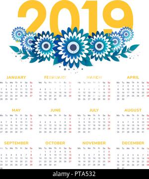 Vector 2019 neues Jahr Kalender in sauberen Minimal Style mit Blumen Stock Vektor