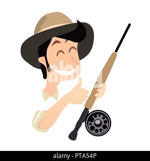 Fischer mit Angel Fliegen und Daumen hoch , Vector Illustration isoliert auf weißem Stock Vektor