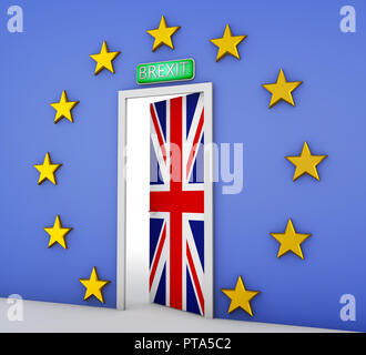 Wand in Form einer Flagge der Europäischen Union und eine Tür mit der Flagge von Großbritannien. 3D-Rendering. Stockfoto