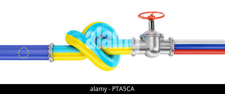 Gas Metallrohr mit einem Ventil und einem Knoten in den Farben der Flagge von Russland, der Ukraine und der Europäischen Union. 3D-Rendering Stockfoto