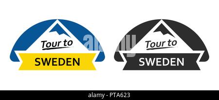 Tour nach Schweden. Eingestellt von Abzeichen, Emblemen mit North Landschaften und Bildunterschriften. Vektorgrafiken in blauen und gelben Farben Stock Vektor