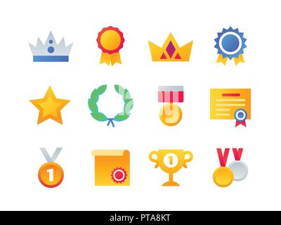 Sieg Konzept der flachen Design style Icons auf weißem Hintergrund. Hohe Qualität bunte helle Bilder mit einem Abzeichen, Medaillen, Pokale, Krone, Diplom, l Stock Vektor
