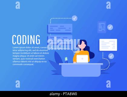 Programmierer bei der Arbeit Konzept Banner. Kann für Web Banner verwenden, Infografiken. Flache isometrische Vector Illustration auf weißem Hintergrund. Stock Vektor