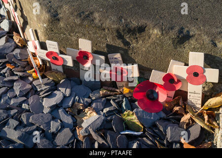 ​Remembrance Tag Roter Mohn auf kleine hölzerne Kreuze neben einem Kriegerdenkmal in Chichester, West Sussex, UK. Stockfoto