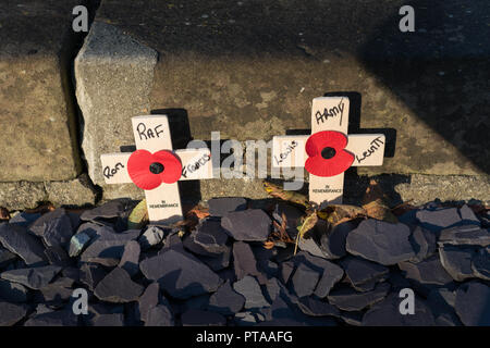 ​Remembrance Tag Roter Mohn auf kleine hölzerne Kreuze neben einem Kriegerdenkmal in Chichester, West Sussex, UK. Stockfoto