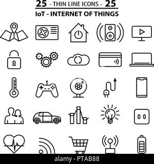 Satz mit 25 dünne Linie Symbole über Internet der Dinge. IOT-Technologie. Stock Vektor