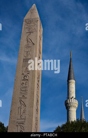 Ägyptischer Obelisk von Theodosius, in der Stadt, das Hippodrom und Minaretten der Blauen Moschee im Hintergrund, Sultanahmet, Istanbul, Türkei. Stockfoto