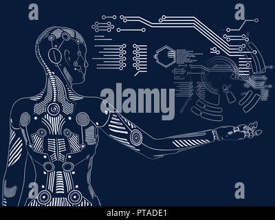 3D Rendering Illustration eines Roboters Frau, mit dem Rücken gegen die Kamera und hielt ihren Arm aus. Futuristische digitale Konzept. Stockfoto