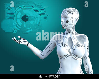 3D-Rendering eines Roboters stehende Frau und halten ihren Arm aus. Futuristische digitale Konzept. Stockfoto