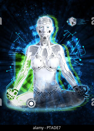 3D-Rendering eines Roboters Frau im Raum und in der Meditation zu sitzen. Futuristische digitale Technologie Konzept. Stockfoto
