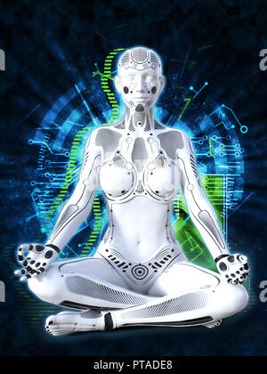 3D-Rendering eines Roboters Frau sitzt im Raum und Meditieren mit geschlossenen Augen. Futuristische digitale Technologie Konzept. Stockfoto