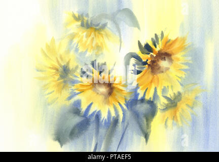 Sonnige Sonnenblumen auf der gelben und blauen Hintergrund Aquarell Stockfoto